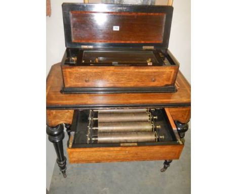 A good Victorian music box on stand playing 36 tunes on 6 barrels in good working order (missing 2 teeth) COLLECT ONLY.