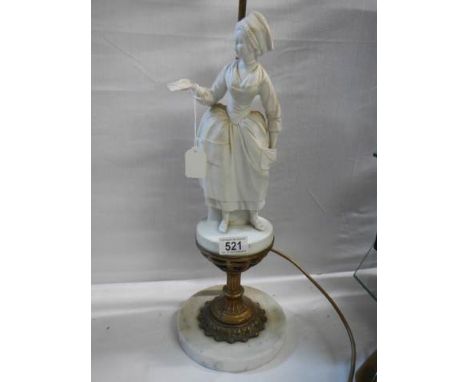 An early 20th century table lamp featuring a parian figure, height to top of shade holder 90 cm, to top of figure 47 cm.