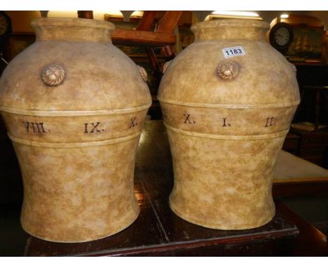 A pair of large ceramic vases featuring Roman numerals, COLLECT ONLY.