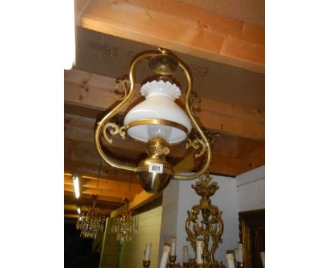 A mid 20th century brass hanging oil lamp, COLLECT ONLY.