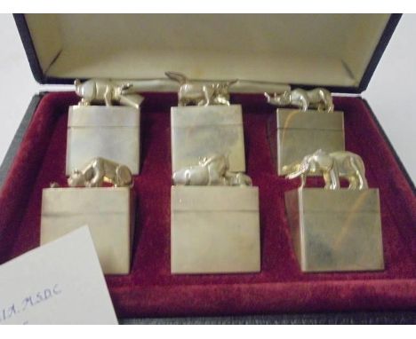 A cased set of six first limited edition pill boxes with individual animals on top by Derek T Birch, Birmingham 1977 with cer