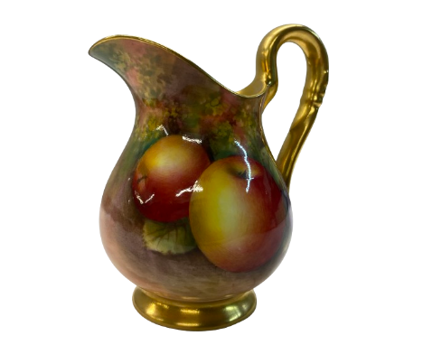 A Royal Worcester hand-painted milk jug signed E TownsendNo visible crazing.Minor blistering to gilding on handle.Height 10.5