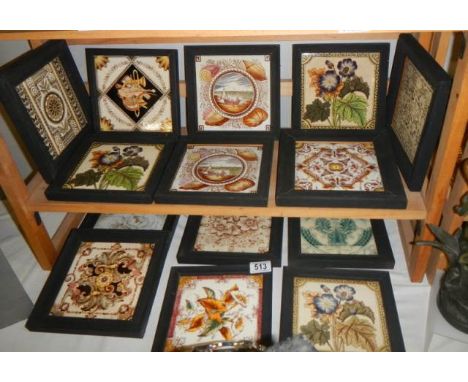Forteen framed vintage Minton ceramic tiles.