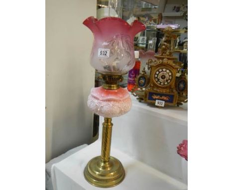 A Victorian oil lamp with glass font and original cranberry glass shade, no damage, COLLECT ONLY.