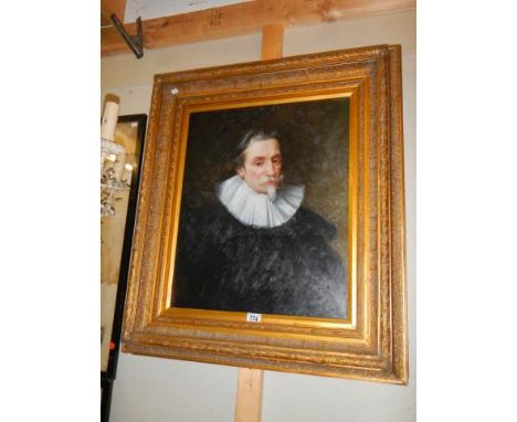 A gilt framed oil portrait depicting an Elizabethan gentleman,. COLLECT ONLY.