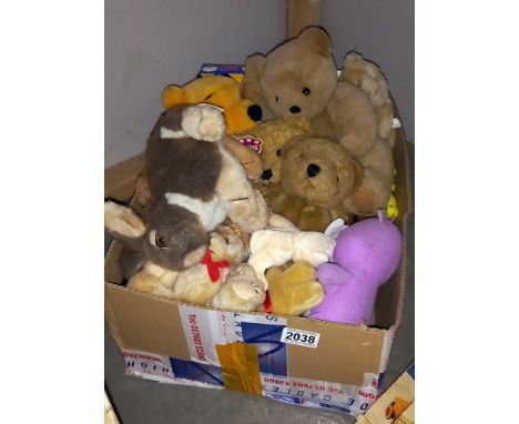 A box of small teddies, including Winnie The Pooh, plus cribbage board etc