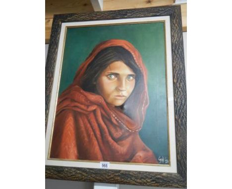 A framed portrait on canvas entitled 'The Afghan Girl' (Front page of National Geogrpahic 1985). COLLECT ONLY.