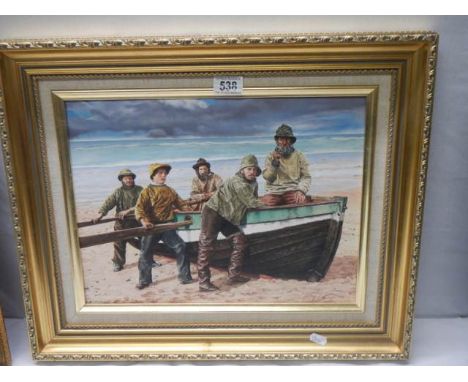 An oil on board fisherman scene by Cornish artist J M Cartwright MM, 55 x 46 cm.
