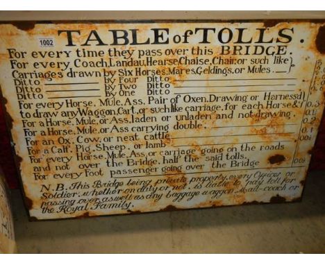 An enamel Table of Tolls sign, (90cm x 60cm) COLLECT ONLY.