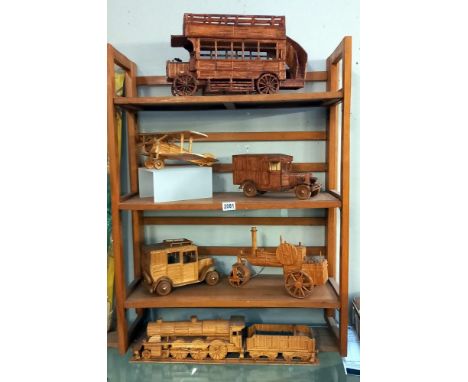 A collection of large scale Matchstick models of a B type bus, steam train, vintage van & taxi etc (4 shelves)  COLLECT ONLYA