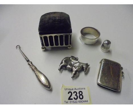 A silver plate trinket box, donkey rattle etc.,