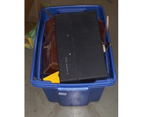 A box of vintage cameras including Polaroid 220 etc