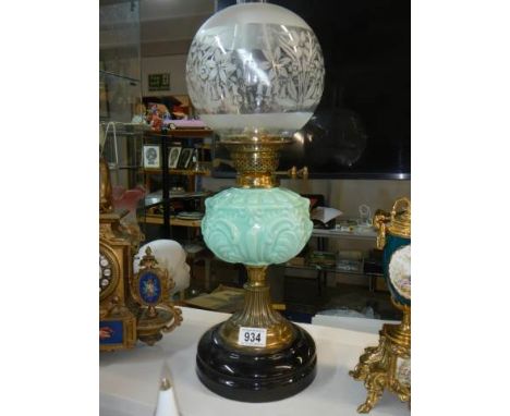 A Victorian oil lamp with Edwardian shade, COLLECT ONLY.