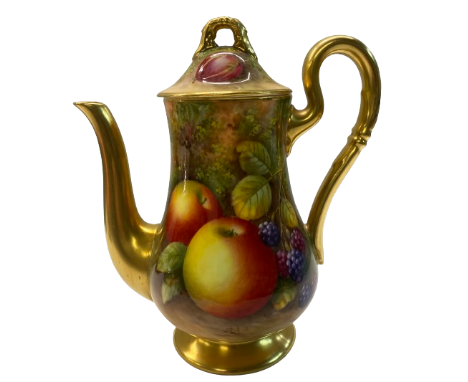 A Royal Worcester hand painted coffee pot signed E TownsendNo visible crazing.Minor marks to gilding on spout.Marks are sprea