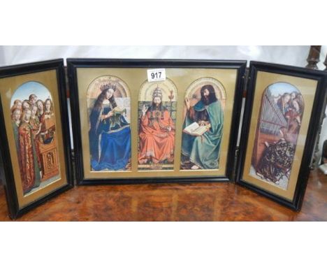 A good framed and glazed religious tryptich.It is a print, H29.5cm, L opened flat 72cm, Panels 38cm x 29.5cm, 16.5cm x 29.5cm