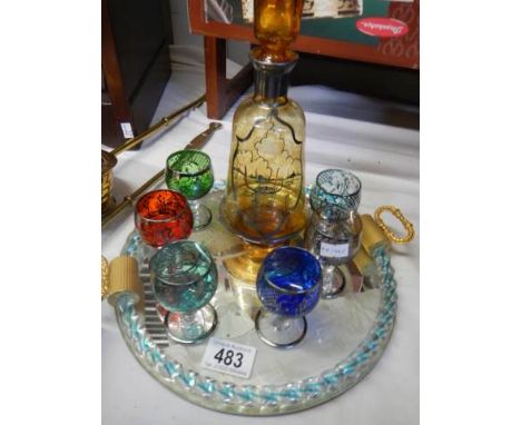 A retro glass decanter with six painted glasses on a tray, COLLECT ONLY.