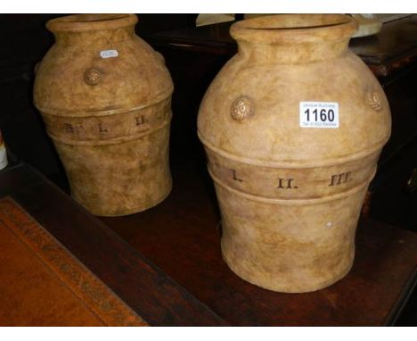 A pair of unusual ceramic vases featuring Roman numerals. COLLECT ONLY. (1 A/F)