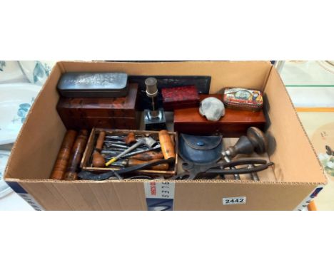 A good lot of wooden boxes & tools etc.Bakelite box has a razor, fishermans friend tin has modern rifle target medals.