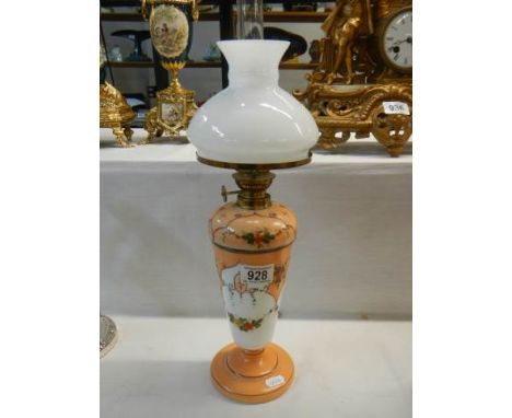 A Victorian opaline glass oil lamp with drop in font, COLLECT ONLY.