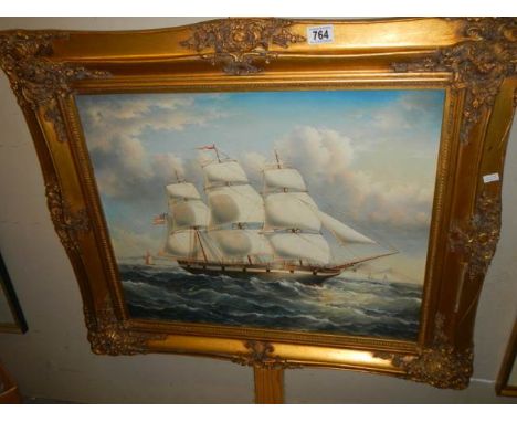 A gilt framed oil on canvas seascape with tall ship, COLLECT ONLY.