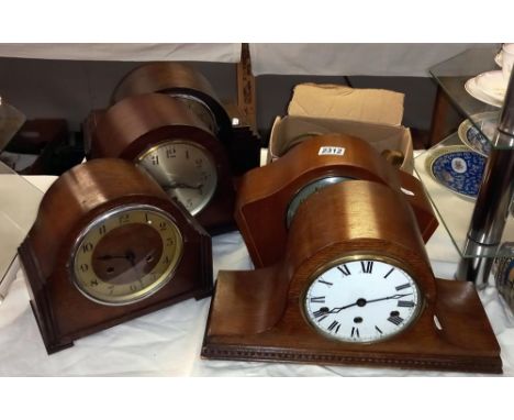 5 wooden mantle clocks and some clock parts COLLECT ONLYAll have glass.White face clock is missing the pendulum.All others ha