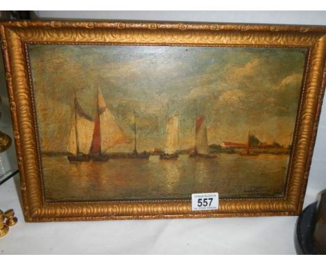 An early seascape painting on wood, signed but indistinct.