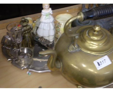WHITE METAL TRAY OF ITEMS AND BRASS TEAPOT