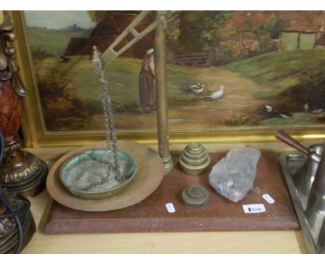 SET OF BRASS SCALES AND QUANTITY OF WEIGHTS