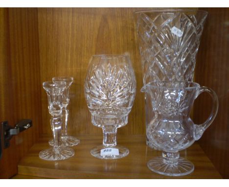 5 PIECES OF GLASS TO INCLUDE PAIR OF ROYAL DOULTON CANDLESTICKS, ROYAL DOULTON TEA LIGHT, VASE, LARGE VASE AND JUG