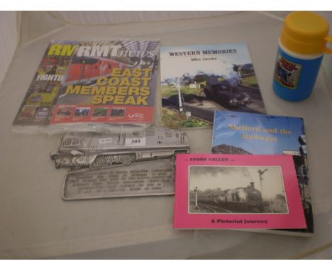 RAILWAYANA METAL PLAQUE, MAGAZINES BOOKS AND THOMAS THE TANK ENGINE FLASK