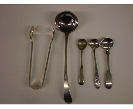 5 SILVER? ITEMS INCLUDING LADLE AND TONGS, MARKS ALL VERY WORN 75g