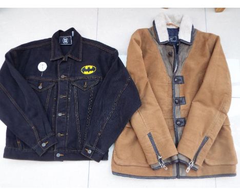 Two jackets comprising DC black denim with Batman and Robin image to the back and a ZaraMan Denim Couture jacket, brown, both