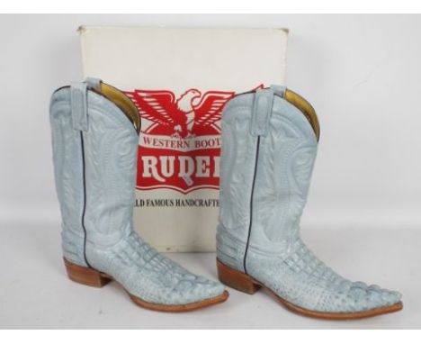 Rudel boots - a pair of western leather boots, light blue, # 8163ST, style: American alligator western boots, UK size 6, US s