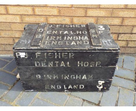 Pine military shipping chest, stenciled to the top F J FISHER DENTAL HOSP BIRMINGHAM ENGLAND, marked internally J B Brooke &a