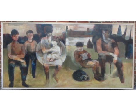 Harold Wood (1918-2014),large oil on board, family portrait in a garden, signed and dated 1961, 48" x 96", framed.