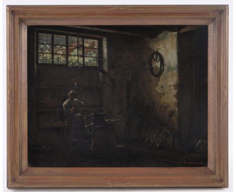 Frank Holl (1845-1888),oil on wood panel, The Blacksmith's Rest, signed and dated 1881, 17" x 21.5", framed.