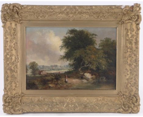 Circle of James Stark (1794-1859),oil on panel, figures in extensive rural landscape, unsigned, 10" x 14", framed.