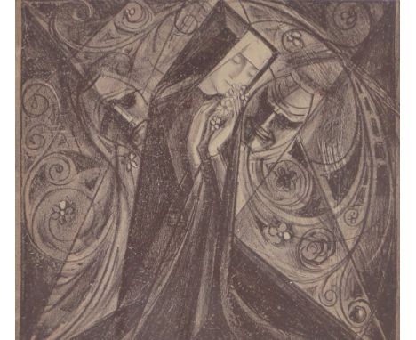 A symbolist lithograph circa 1910, study of a Nun, unsigned, 11" x 12", framed.