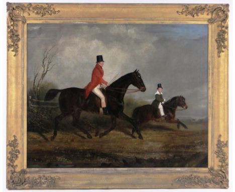 Early 19th century English School,oil on canvas, portrait of a huntsman and young boy on horseback, with hunt in the distance