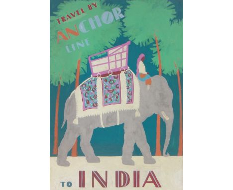 R James Mason,original gouache, travel poster design, "Travel By Anchor Line To India" unsigned, 21" x 14", framed.