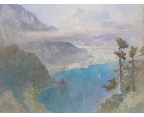 Henry R B Donne (1860-1949),watercolour, extensive Swiss mountain landscape, signed, 16" x 20", framed.