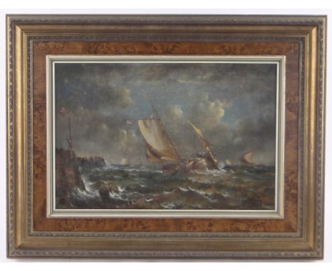 L A Arnett,modern oil on panel, fishing fleet on stormy seas, signed, 16" x 24", framed.