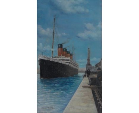 Follower of Norman Wilkinson,oil on canvas, Titanic leaving harbour, bears signature, 24" x 14", framed.