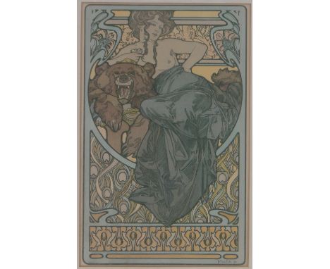 Alphonse Mucha (1860-1939),artist proof lithograph, girl on a bearskin, i 15" x 9", framed.