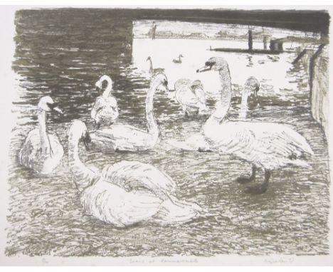 Gerald Leigh Davies,lithograph, swans at Hammersmith, no 5/10, signed in pencil, dated 1957, sheet size 18" x 22", unframed.