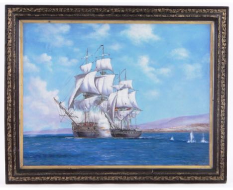 Attributed to Norman Wilkinson,oil on board, 18th century sea battle scene, signed, 19" x 25", framed.