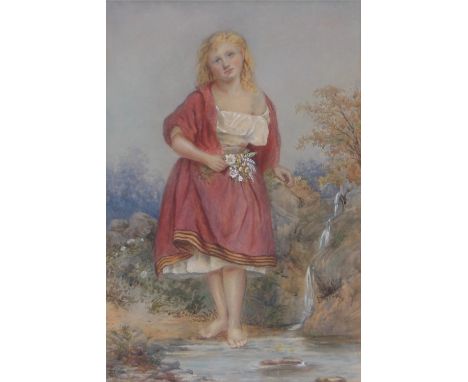 19th century watercolour, portrait of a girl by a stream, signed with monogram, 19" x 13", framed.