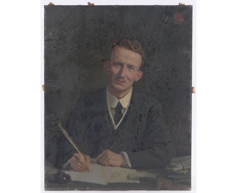 S H Hancock,oil on canvas, portrait of a man seated at a desk, 30" x 24", unframed.