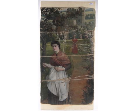 19th century oil on canvas for restoration, woman reading a letter in castle gardens, signed with initials T R S 1885, possib