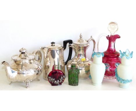 Three pieces of plated ware, ruby glass ewer, a pair of coloured glass vases and two scent bottles Condition reports are not 
